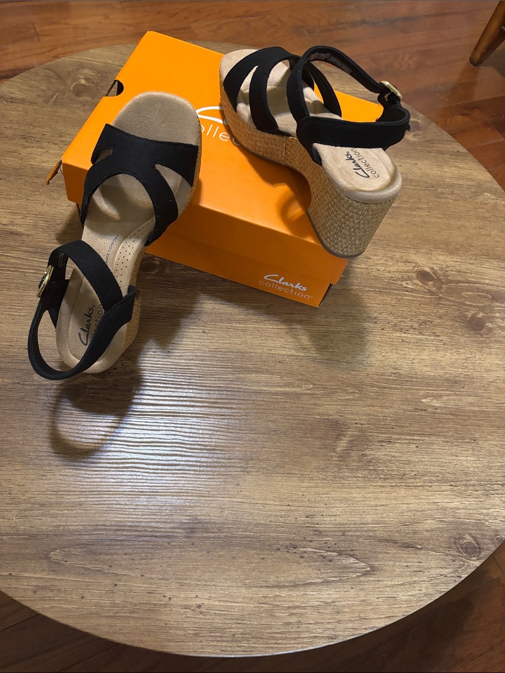 Clarks Black Wedge Sandals with Ankle Strap